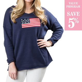 Navy sweater with flag patch sold in size assortment