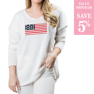 white sweater with USA flag sold in size assortment