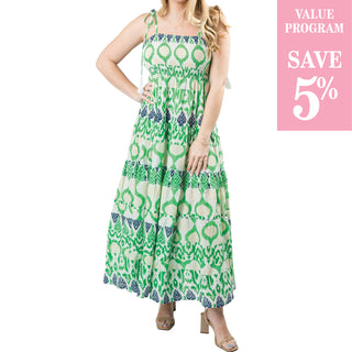 green cream and navy maxi dress sold in size assortment