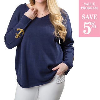 navy sweater with gold anchors sold in size assortment