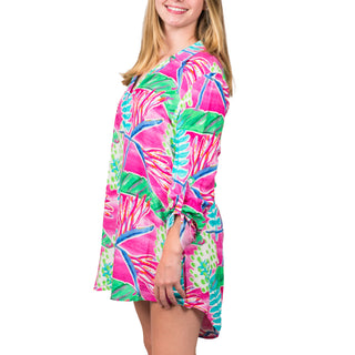 pink and green watercolor tunic dress, side view