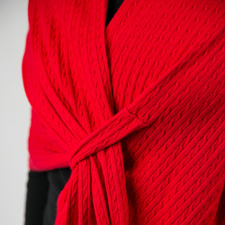 Cable Knit Keyhole Wrap in Red close up of pull through keyhole