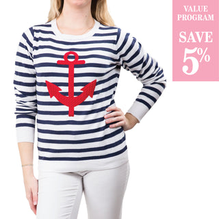 navy and white striped sweater with red anchor sold in size assortment