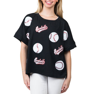 Black high-low, round-neck, half-sleeve shirt with sequins baseball patches