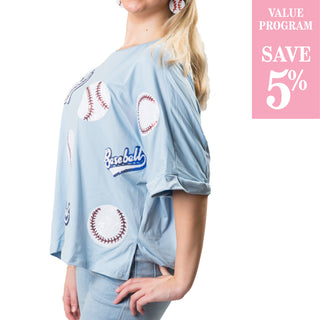 light blue top with baseballs sold in size assortment