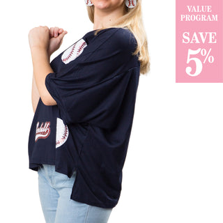 navy top with baseball detailing sold in size assortment