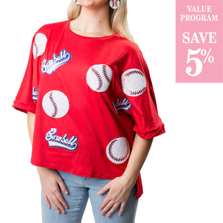 Red shirt with baseballs sold in size assortment