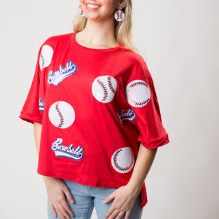 Red high-low round-neck, half-sleeve shirt with sequins baseball patches