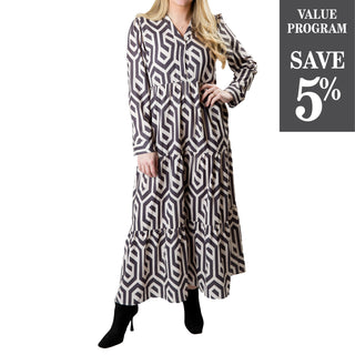 Tiered, long sleeve dress with geometric design