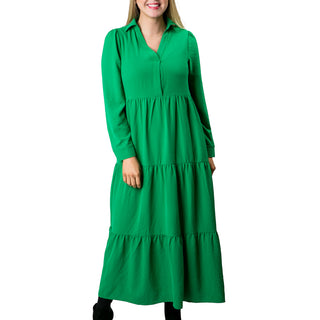 Green tiered, long sleeve maxi dress