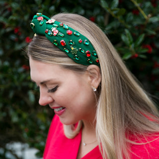 Green beaded headband with top knot