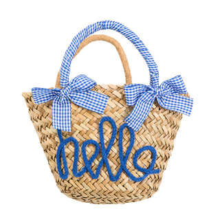 Blue Gingham with Hello Lettering paper straw handbag