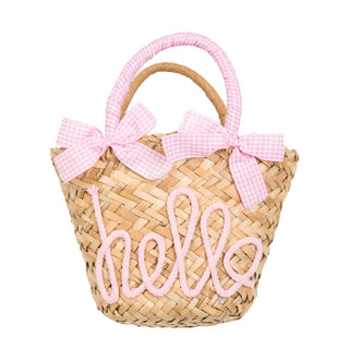 Light Pink Gingham with Hello Lettering paper straw handbag