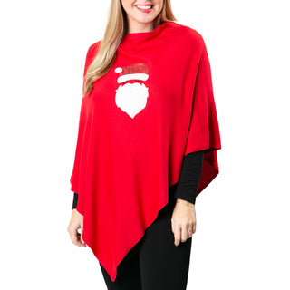 Red One Size Poncho with Santa face with sequined hat