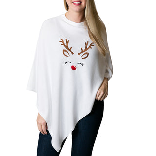 White One Size Poncho with embroidered Rudolph face