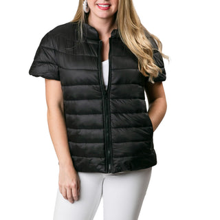 Black short sleeve puffer vest with zipper front and pockets.