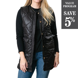 Long quilted vest with buttons and pockets in black