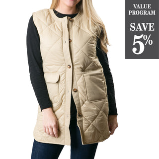 Long quilted vest in camel with pockets