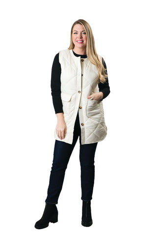 Long cream button front vest with pockets