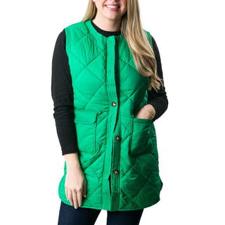 Long green button front vest with pockets