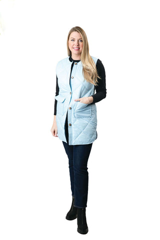 Long light blue button front vest with pockets