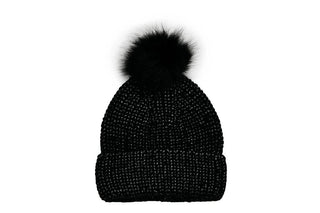 Black knit hat with coordinating pom pom.