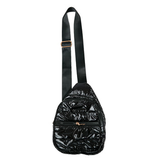 Black quilted crossbody bag with front pocket