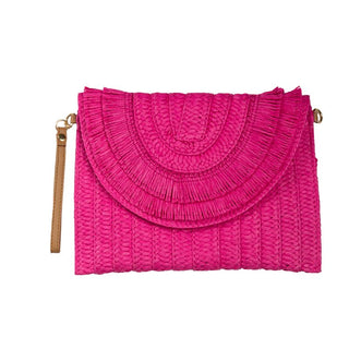 Pink fringe clutch with strap