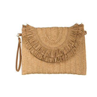 Natural fringe clutch with strap