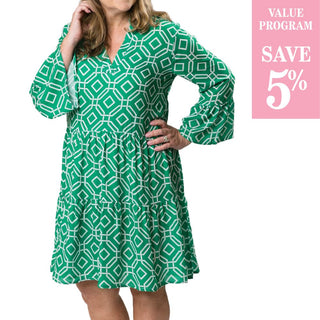 Green and white octagon printed tiered dress with long, bell sleeves and V-neck 