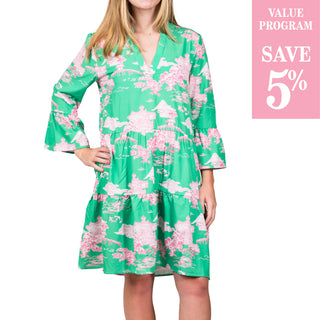 green and pink pagoda dress sold in size assortment