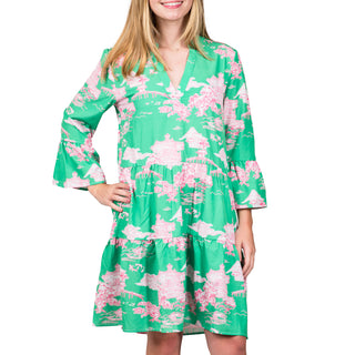 Tiered, flutter sleeve dress in green and pink 