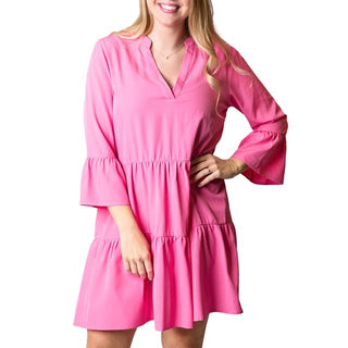 Tiered, flutter sleeve dress in Hot Pink