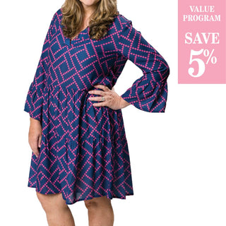 Navy and pink diamond printed tiered dress with long, bell sleeves and V-neck 