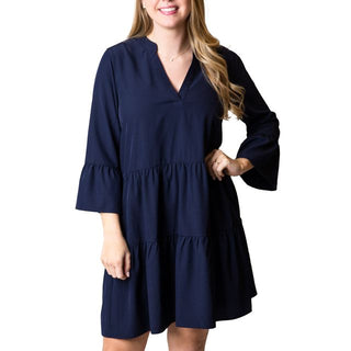 Tiered, flutter sleeve dress in Navy