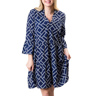 Tiered, flutter sleeve dress in Navy and White Diamond