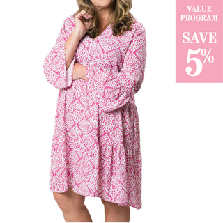 Pink damask printed tiered dress with long, bell sleeves and V-neck 