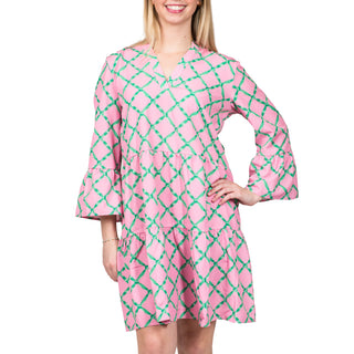 Tiered, flutter sleeve dress in pink and green diamond