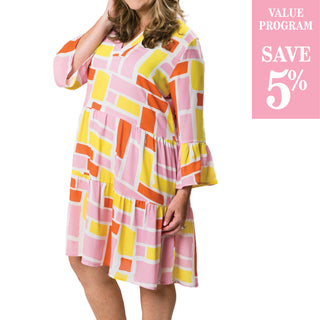 Pink, Orange, and Yellow Block printed tiered dress with long, bell sleeves and V-neck 