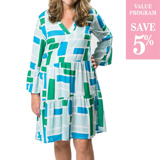 Green and blue palm tree printed tiered dress with long, bell sleeves and V-neck 