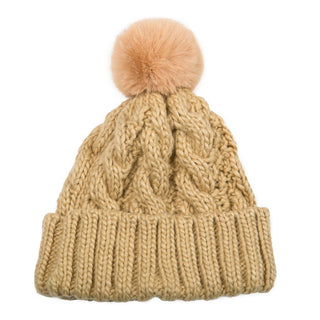 Gold cable knit beanie hat with pom pom