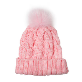 Light pink cable knit beanie hat with pom pom