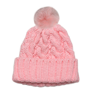 Light pink cable knit beanie hat with pom pom