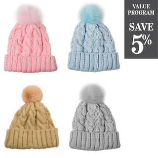 Cable knit beanie hats with pom pom