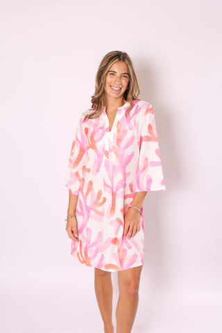 Mira Dress in pink and coral coral reef print, 3/4 sleeve summer dress