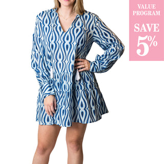 Blue print long sleeve tiered dress