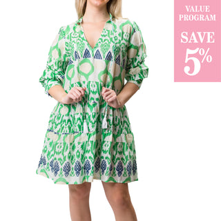 green cream and navy dress sold in size assortment