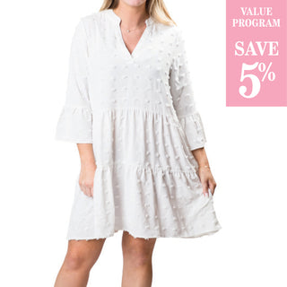 Size assortment of a white 3/4 length sleeves dress