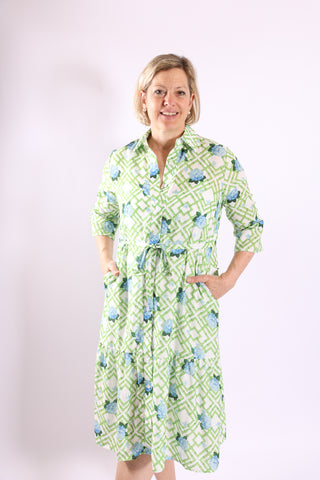 Hydrangea blue floral print Diane Dress with button front and waist tie, product studio shot