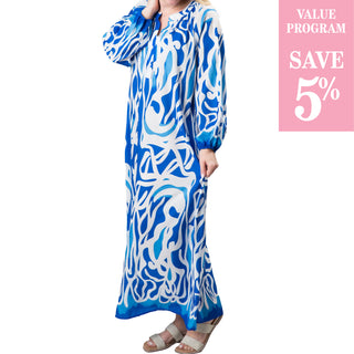 blue and white pattern maxi caftan sold in size assortment